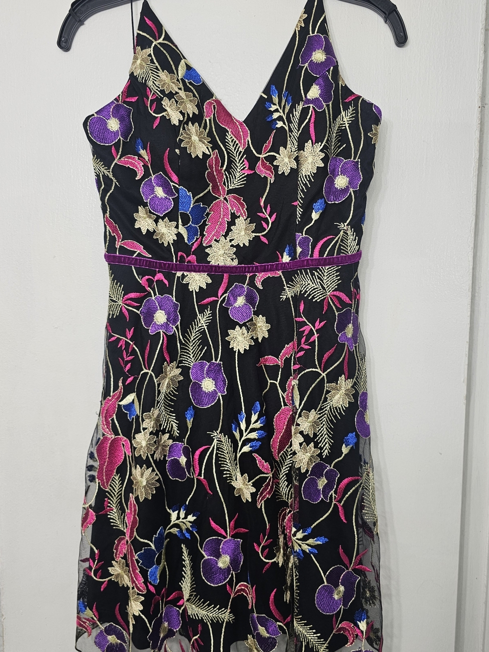 BCX Black Formal Dress with Gold, Purple, Pink & Blue Floral Embroidery